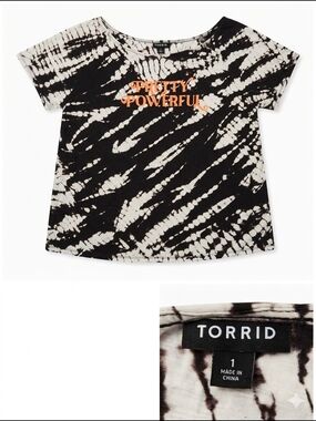 Torrid Black & Cream Tie-Dye Tee with Orange 'Pretty Powerful' Graphic